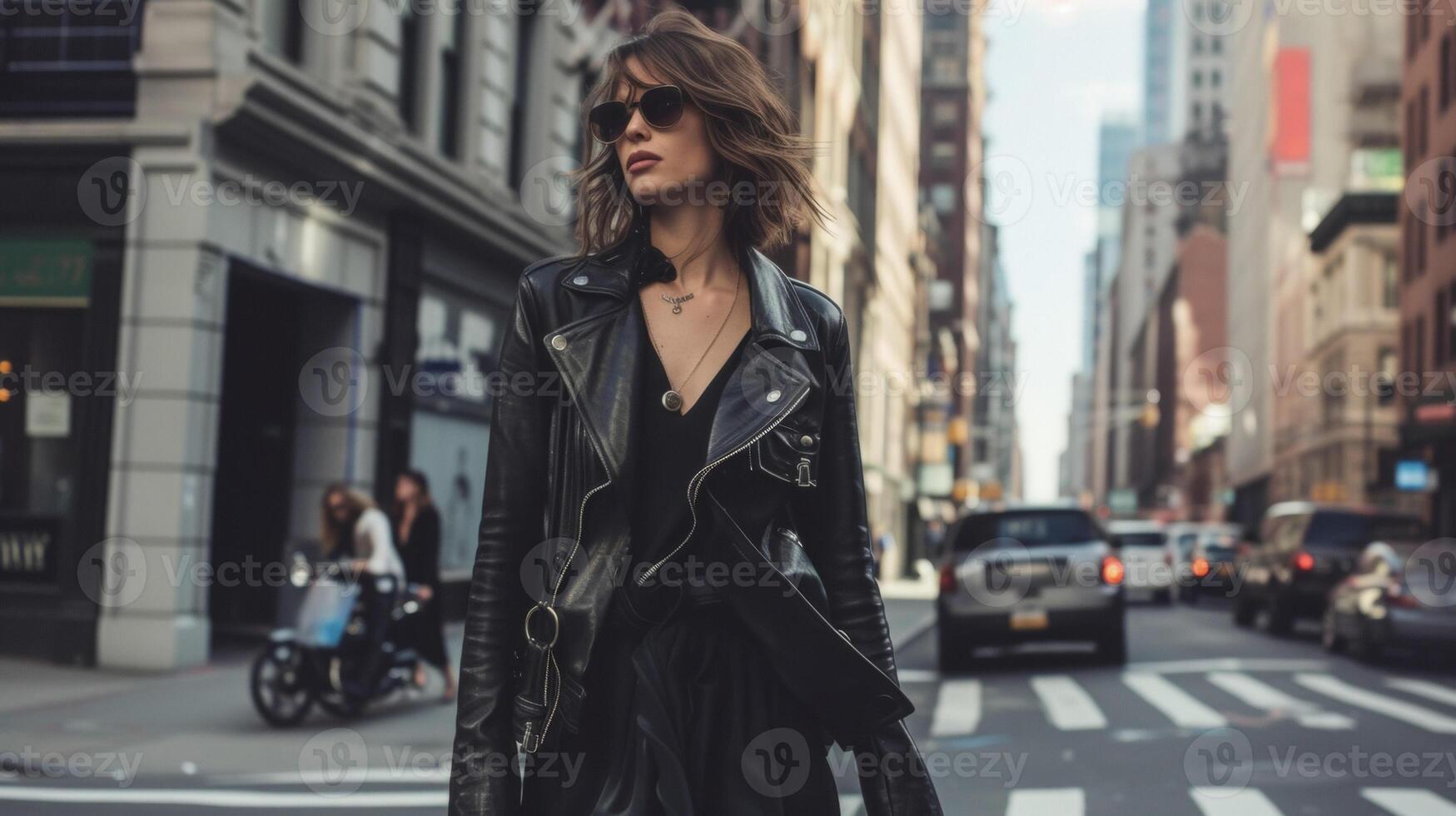 A sleek black leather jacket paired with a flowing silk midi dress juxtaposing edgy and feminine elements against the backdrop of a bustling city street photo