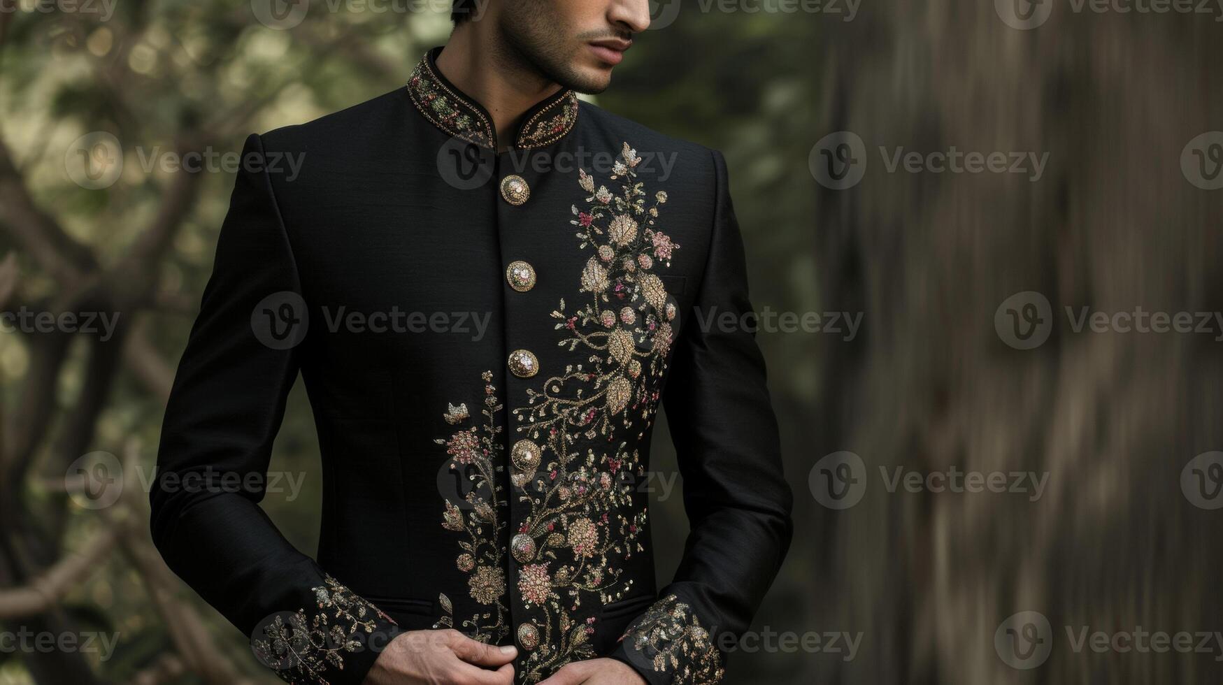 A sleek fitted black suit with intricate embroidery inspired by Indian textiles. This look is both professional and culturally rich photo