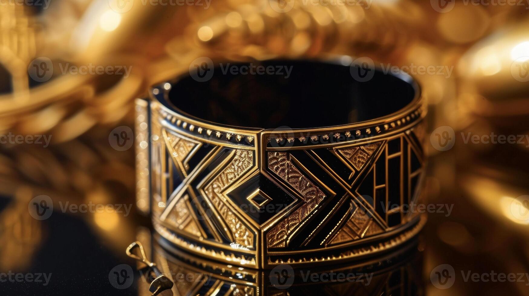 A bold and intricate cuff bracelet with geometric motifs and glossy finishes reflecting the luxurious and ornate style of Art Deco architecture photo