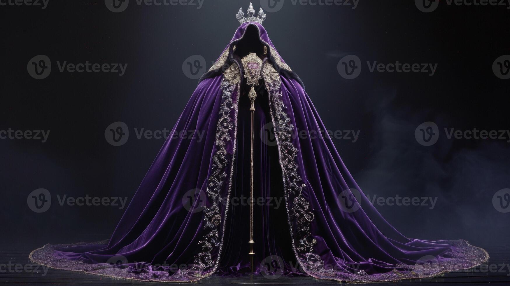 A flowing cape made of deep purple satin embellished with velvet t and embroidered with a crest emblem. Matched with a statement tiara and held together with a regal scepter photo
