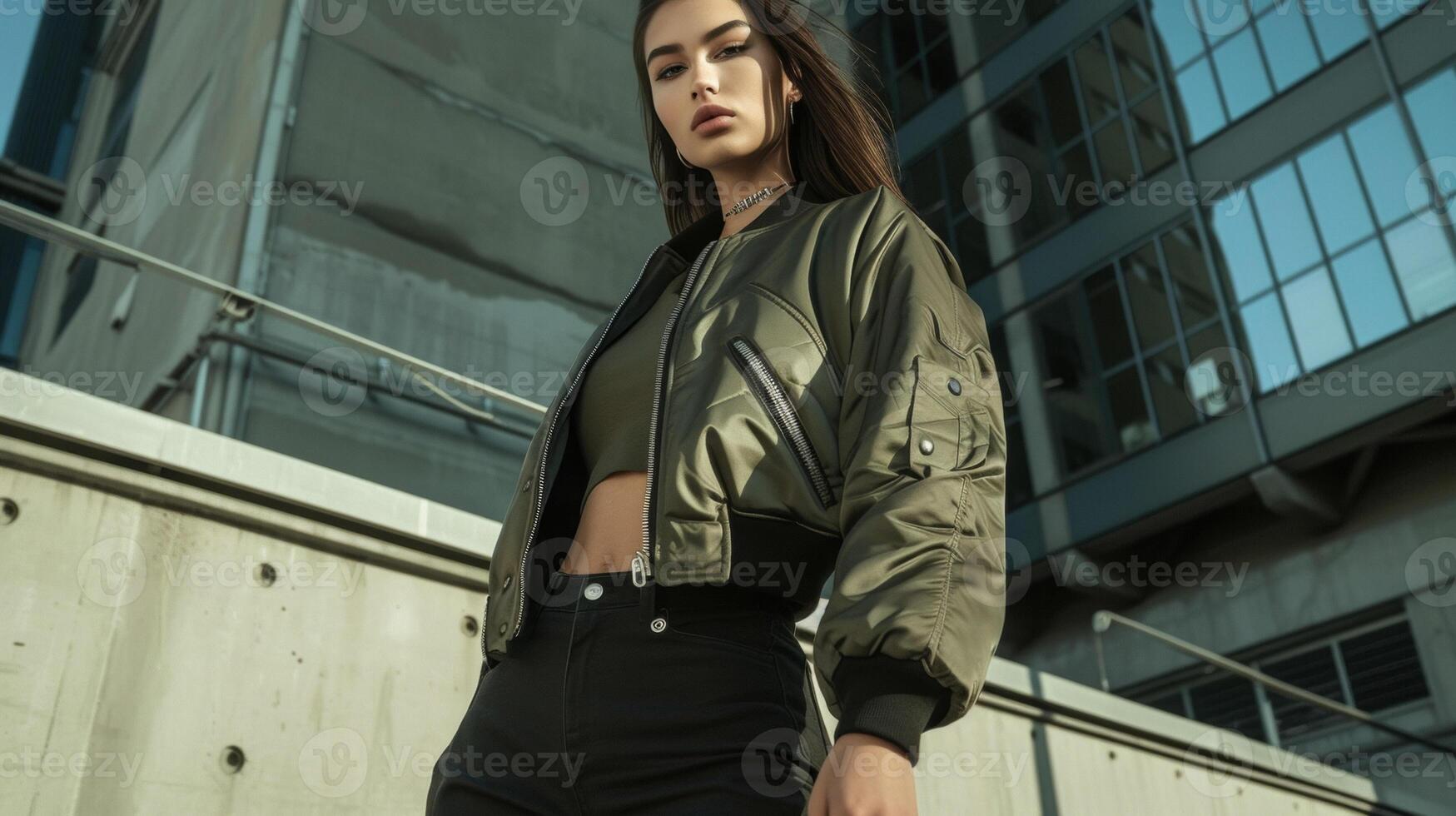 A unique and edgy bomber jacket with an offcenter zipper and an asymmetrical cropped hem perfect for a night out at a rooftop bar photo