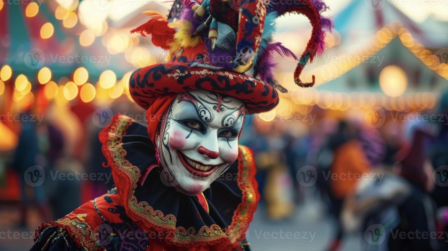 A mischievous jester in a vibrant red and black harlequin costume topped with a quirky jester hat and a porcelain mask painted with a whimsical smile. In the background photo