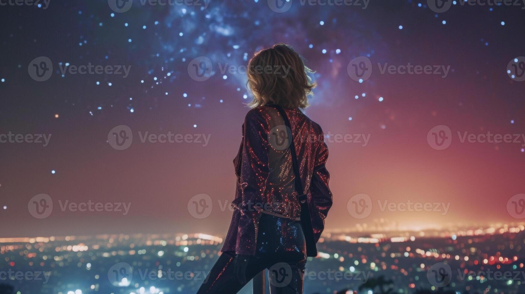 un terciopelo chaqueta de sport con un galaxia impresión desgastado terminado un metálico tanque parte superior y cuero pantalones. el abadejo estrellas encima el ciudad conjunto el Perfecto fondo para esta emocionado glamour rock Mira foto