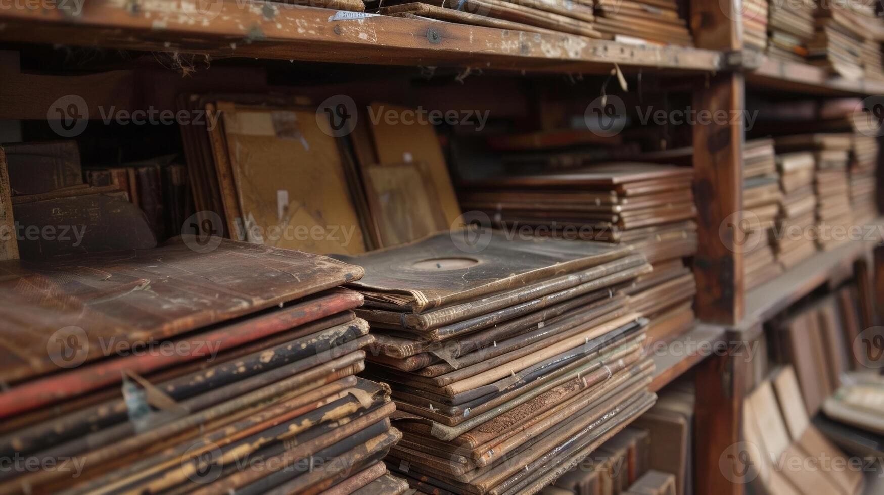 A shelf full of weathered and beautifully aged record sleeves showcasing a treasured collection photo