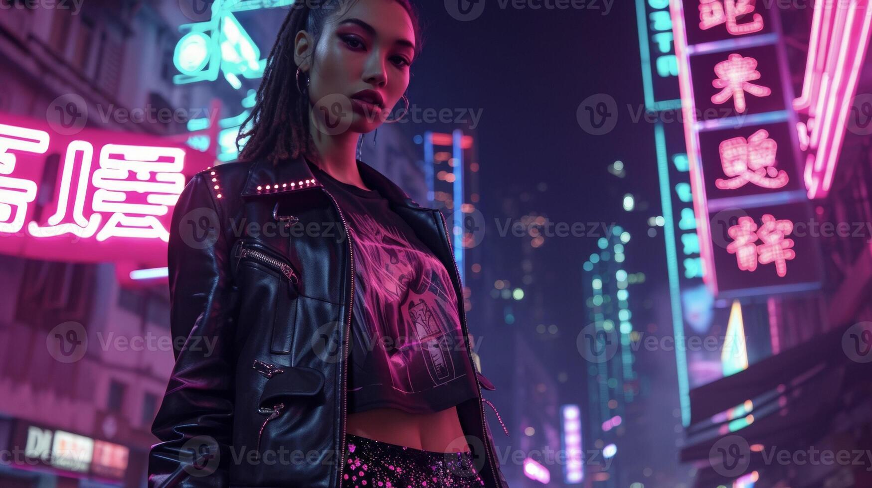A leather jacket with neon light trims worn over a digital print tshirt and holographic leggings. The background is a bustling futuristic cityscape at night photo