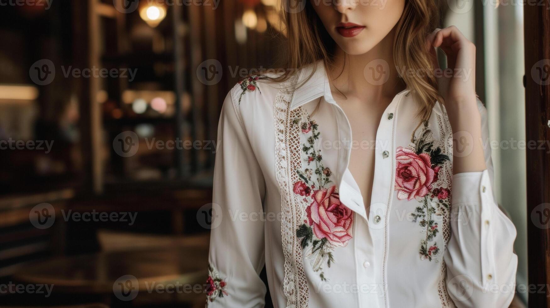 A classic white buttondown shirt refreshed with handpainted floral patterns and intricate lace inserts perfect for a romantic date night out photo