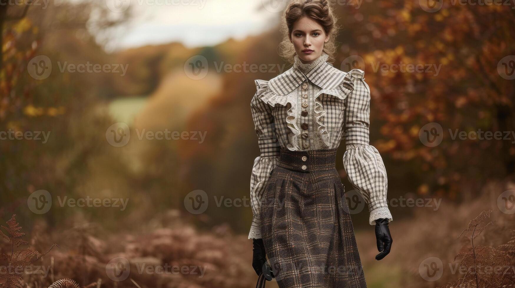 A highneck blouse with ruffle detailing and a fitted waist worn with a tweed skirt and kneehigh boots for a sophisticated Victorianinspired equestrian look photo