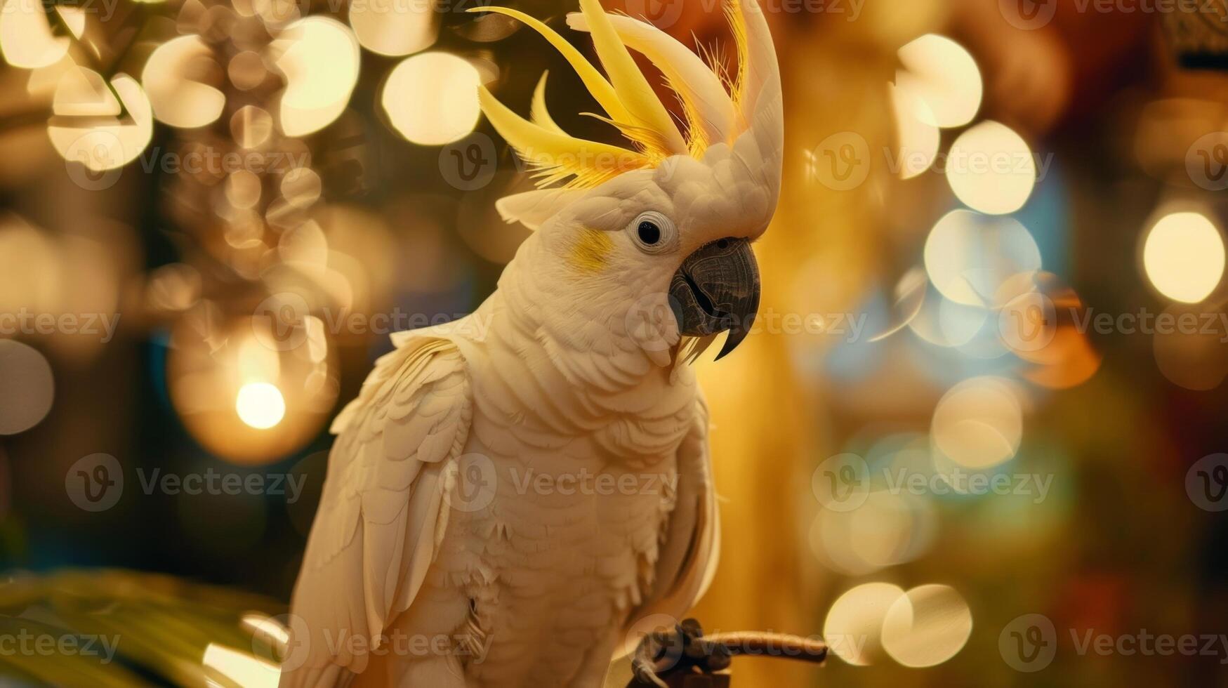 A cockatoo perched on a stand getting its feathers fluffed and styled for a night out on the town photo