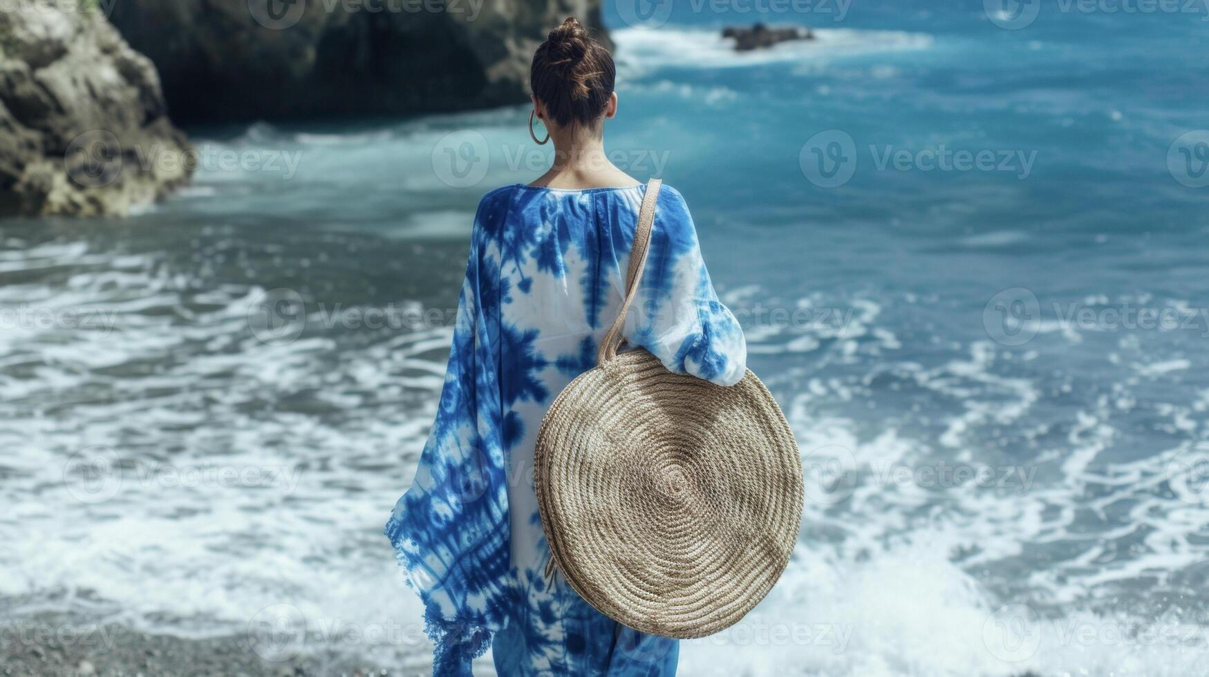 A loose flowy kaftan in a blue and white tiedye print paired with woven huarache sandals and a rattan circle bag. This look is perfect for a day of island exploration an photo