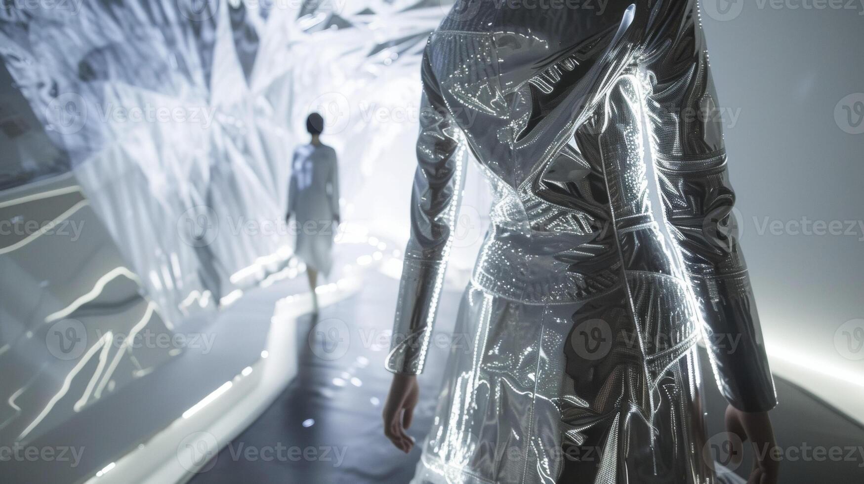 A metallic silver midi dress with a holographic embroidered pattern and builtin LED lights. The background is a futuristic art exhibit featuring avantgarde fashion designs photo