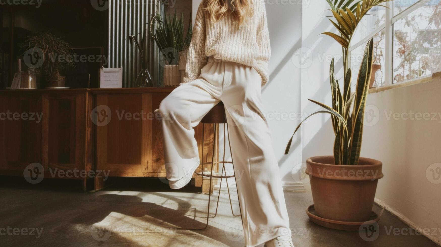 A highneck creamcolored knit sweater paired with wideleg cream trousers and white leather slipon sneakers ideal for a cozy yet chic day in a minimalist coffee shop photo