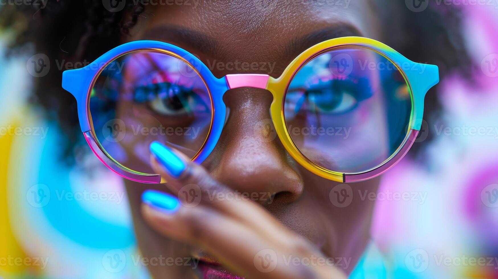 A woman carefully examines a pair of oversized roundframed eyeglasses in a variety of bold colors photo