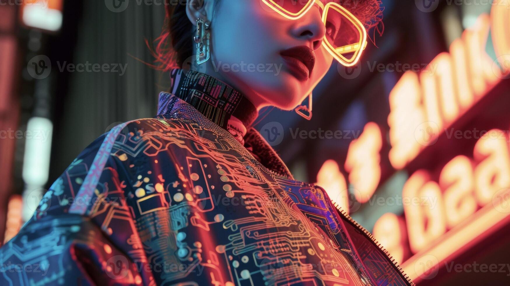 A retrofuturistic ensemble with a digital circuit board print jacket and vintageinspired accessories channeling a unique and futuristic sense of style photo