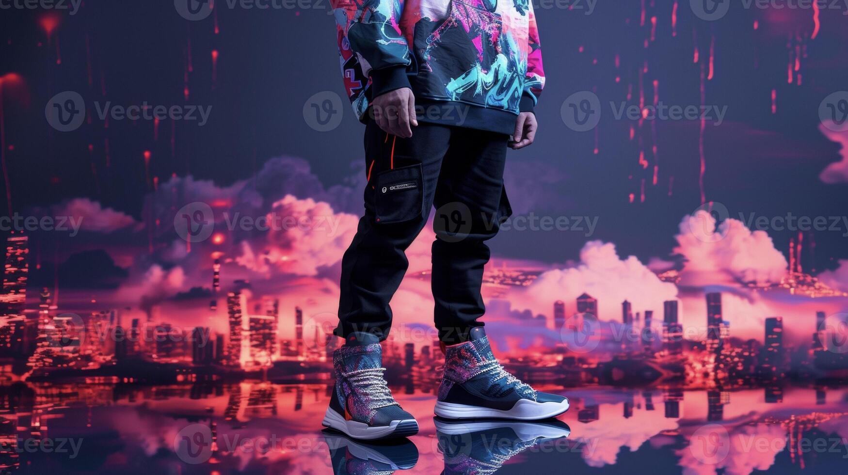 A cool and casual outfit with a digital graffiti print sweatshirt and techinspired sneakers reflecting the vibrant and everchanging world of digital art photo