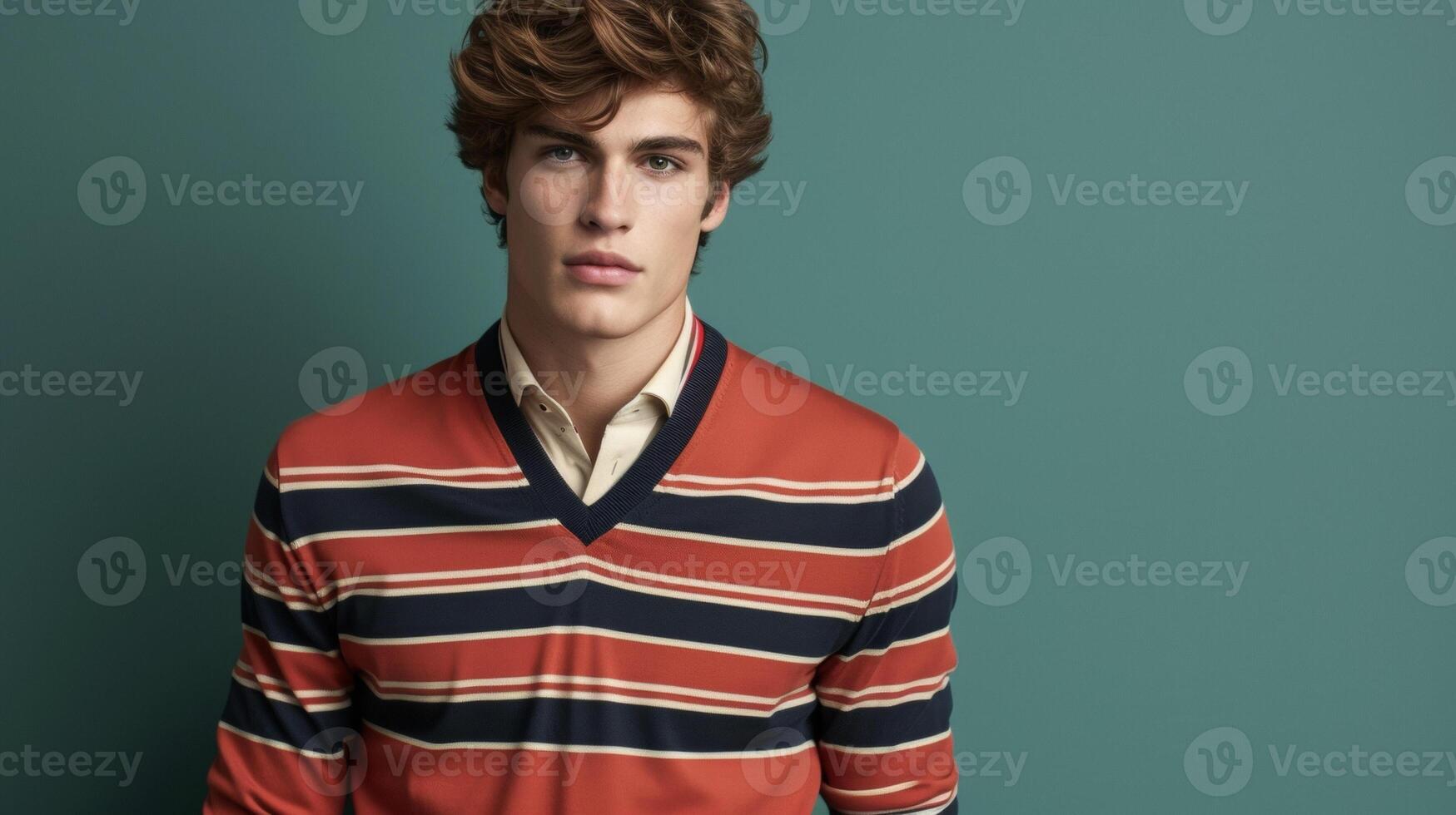 A bold striped polo layered under a Vneck sweater giving off a preppy and refined look photo