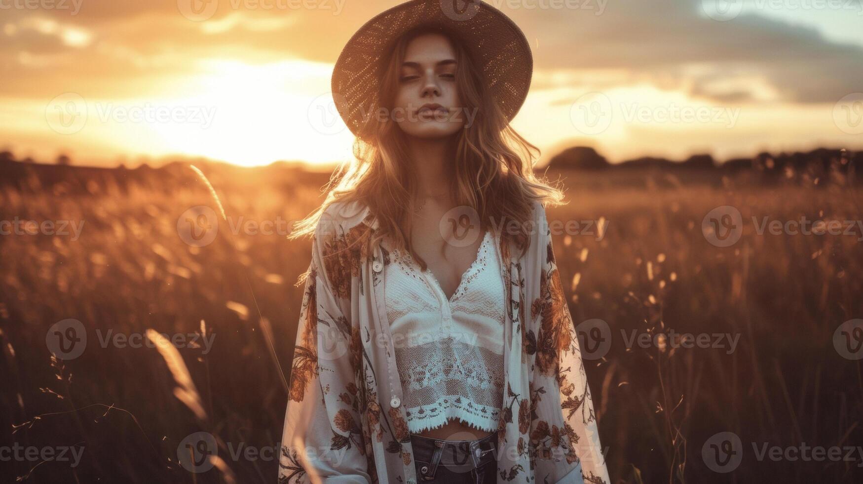 A bohemian dream with a flowy kimono layered over a lacetrimmed camisole and distressed jeans finished with a widebrimmed hat and ankle boots. The sunset in the backgroun photo