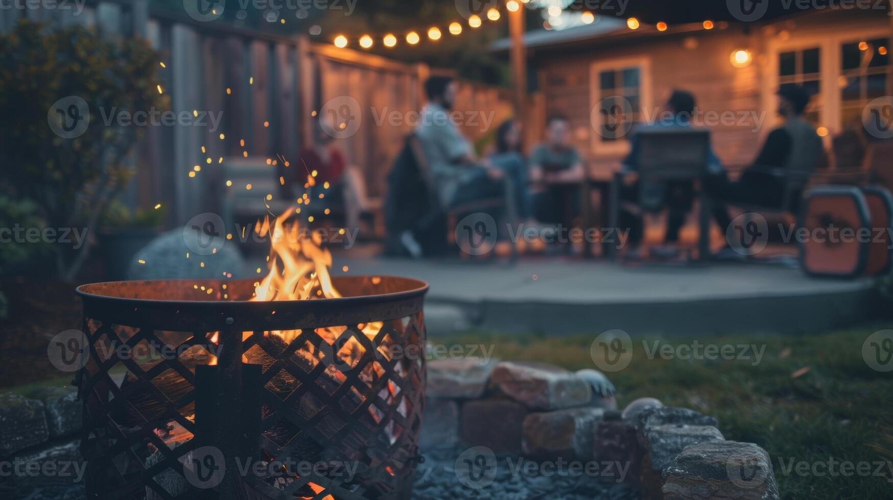 A group of friends sitting around a fire pit in the backyard passing around a portable speaker and taking turns adding songs to their collaborative relaxation playlist photo