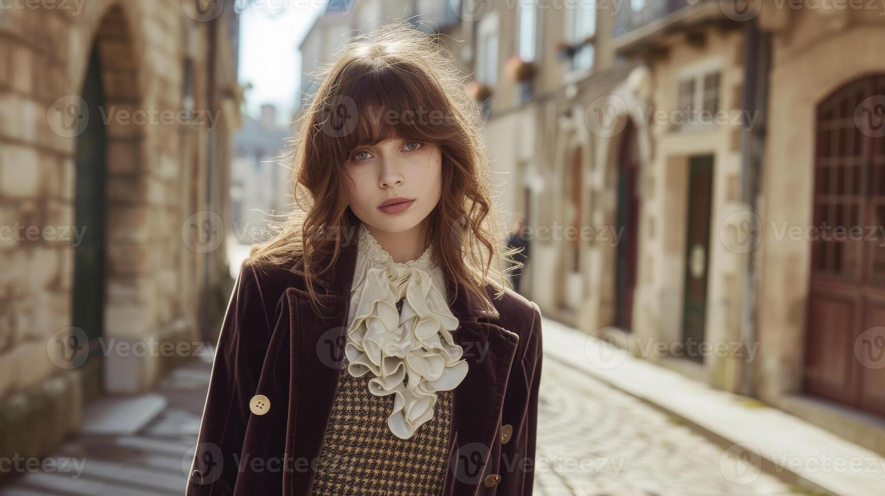 For a touch of vintage charm mix a velvet blazer with a ruffled blouse and a tweed skirt. The vintage buildings and cobblestone streets in the background add to the timeles photo