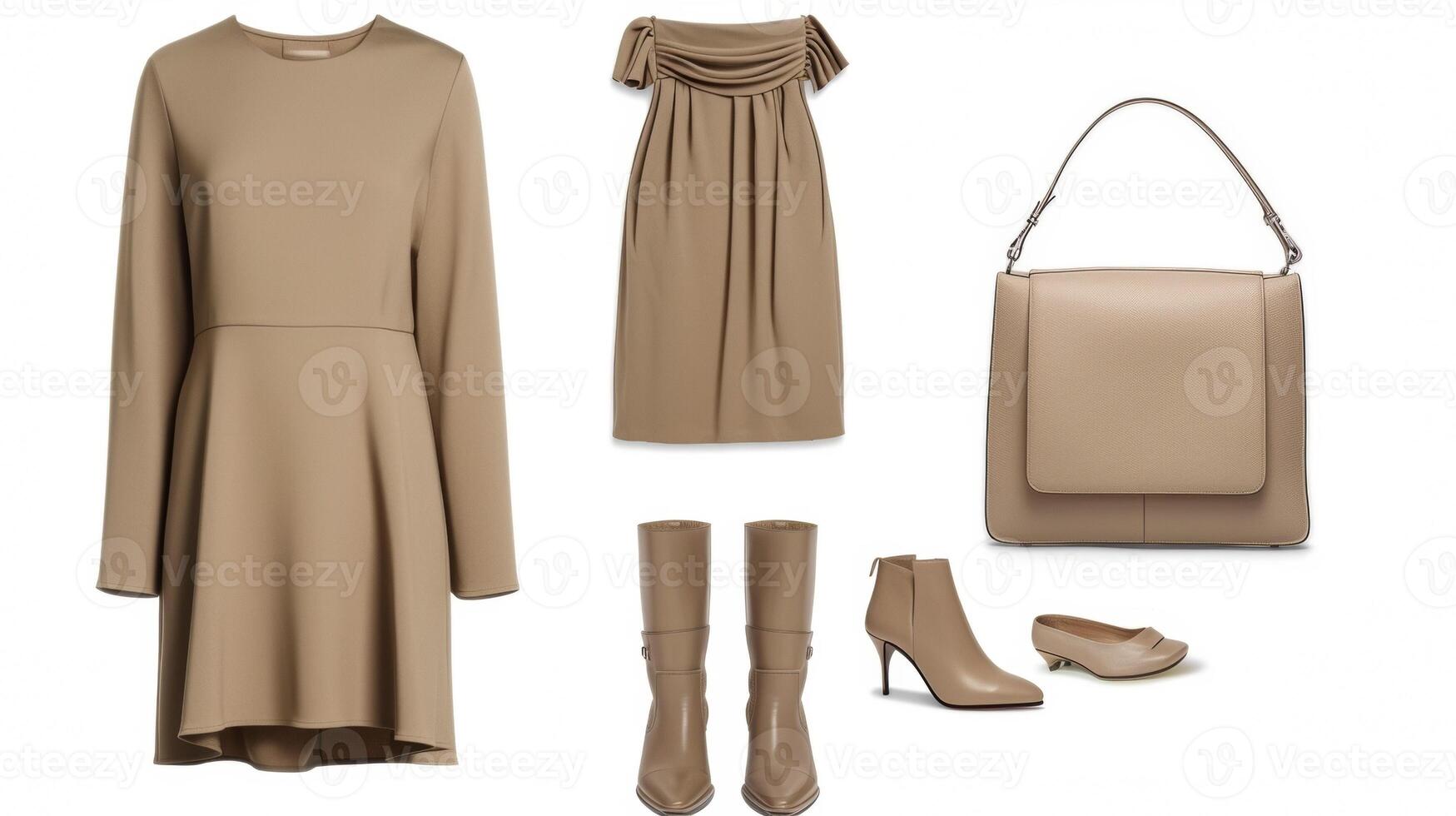A simple yet chic shift dress in a neutral color creates a clean and minimalist look. Pair it with sleek ankle boots and a structured shoulder bag for a touch of luxury photo
