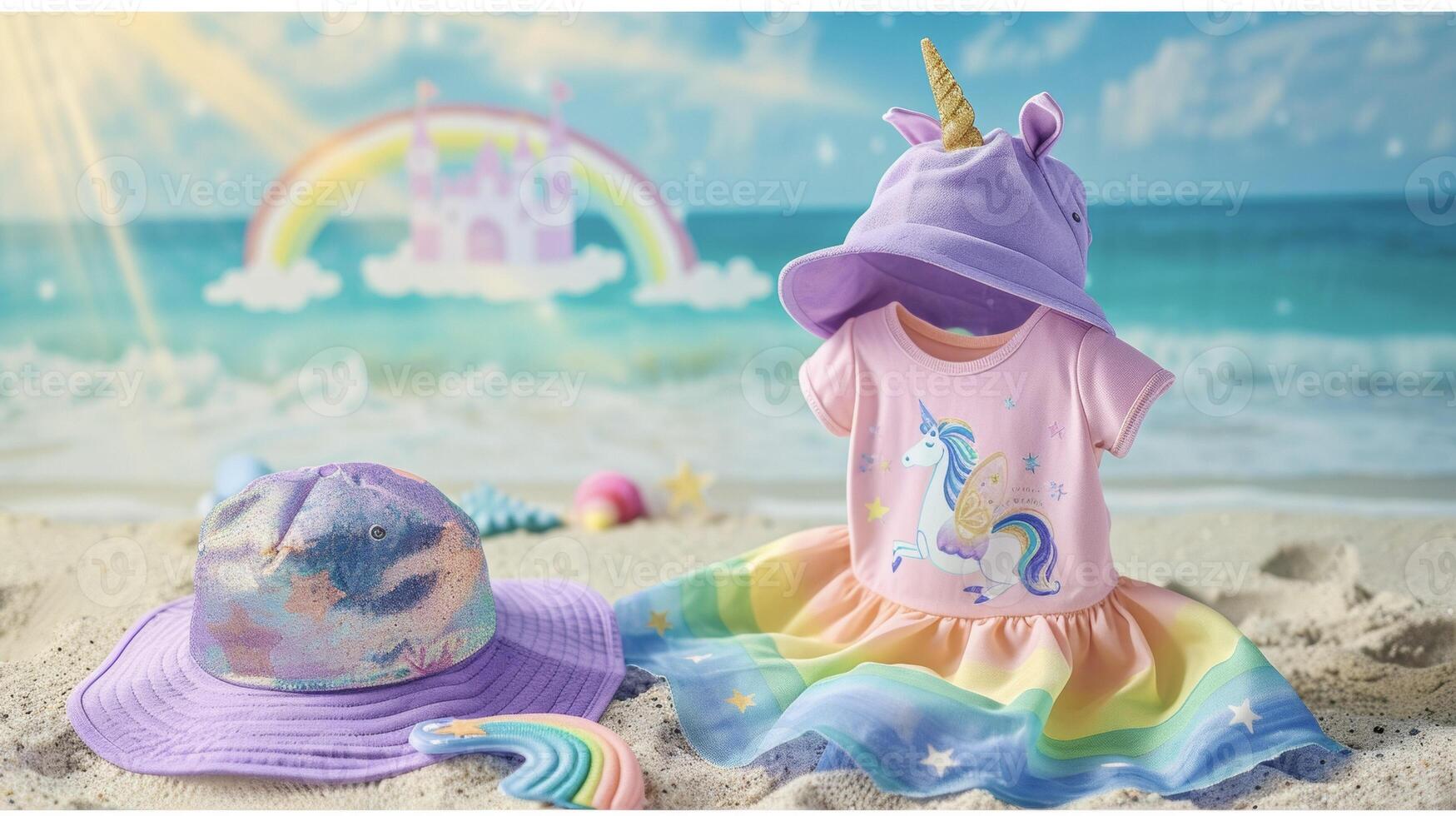 Add a touch of whimsy to your childs beach look with this fairy taleinspired ensemble featuring a pastel purple sun hat with a sparkly unicorn print a pink rash guard wit photo