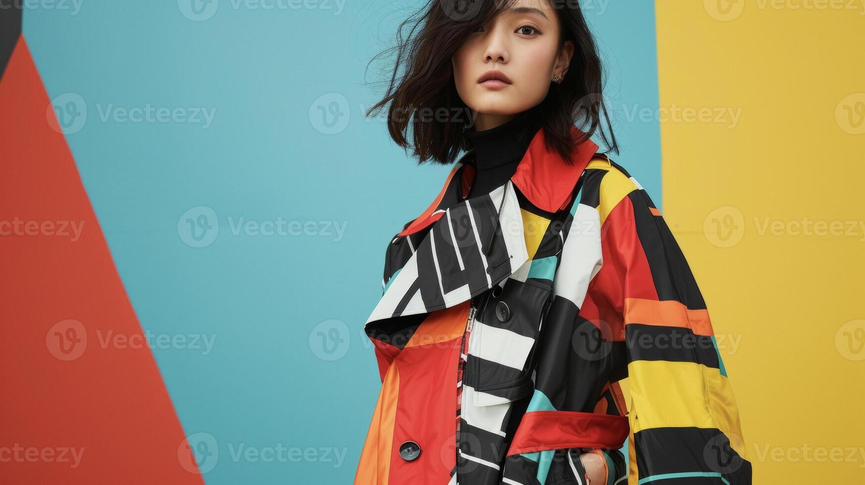 A classic trench coat is reinvented with bold geometric patterning and unexpected outs taking this everyday staple to new artistic heights photo