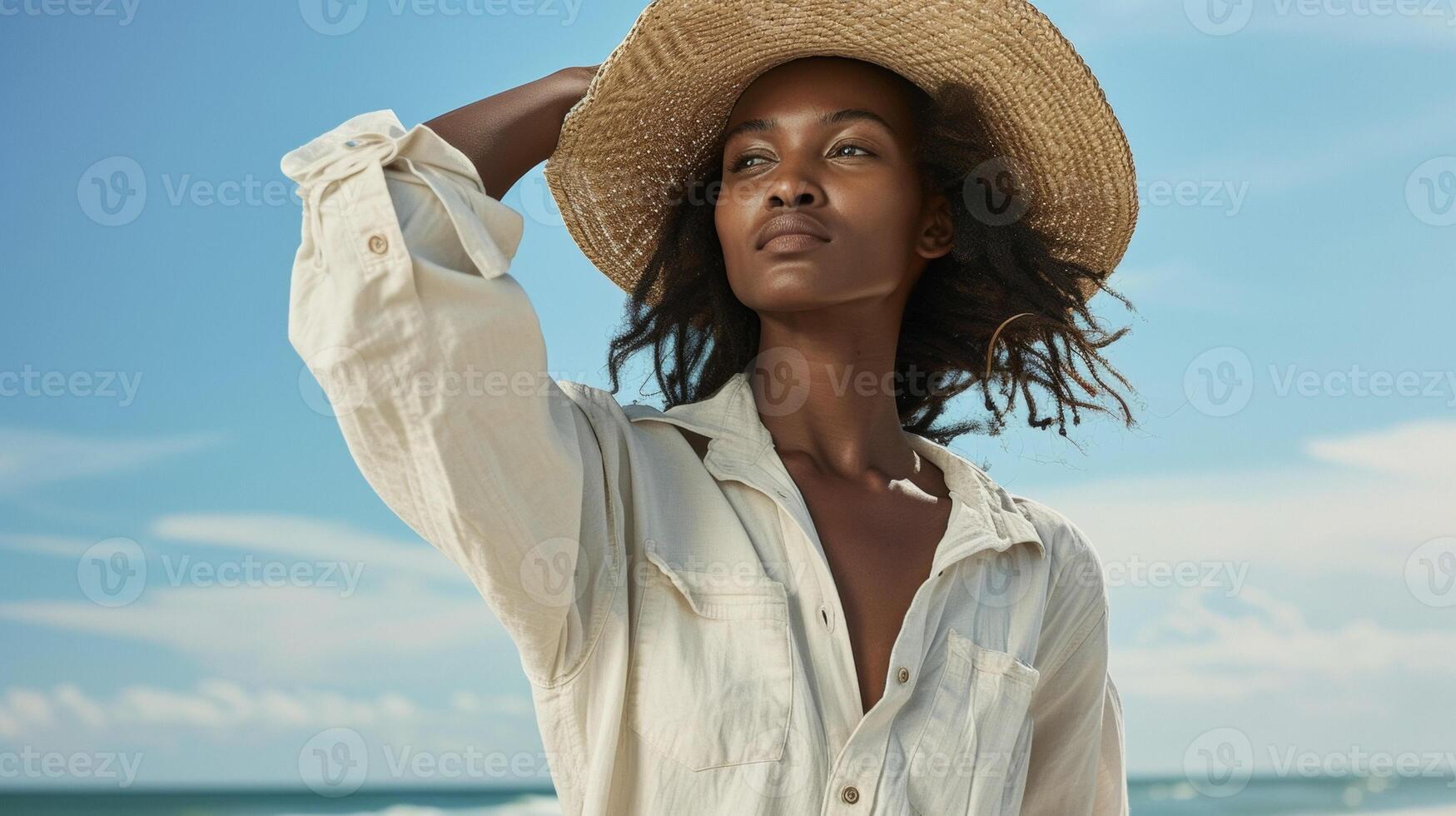 Create a laidback beach look with a breezy oversized organic cotton shirt worn over a recycled polyester and sustainable straw hat photo