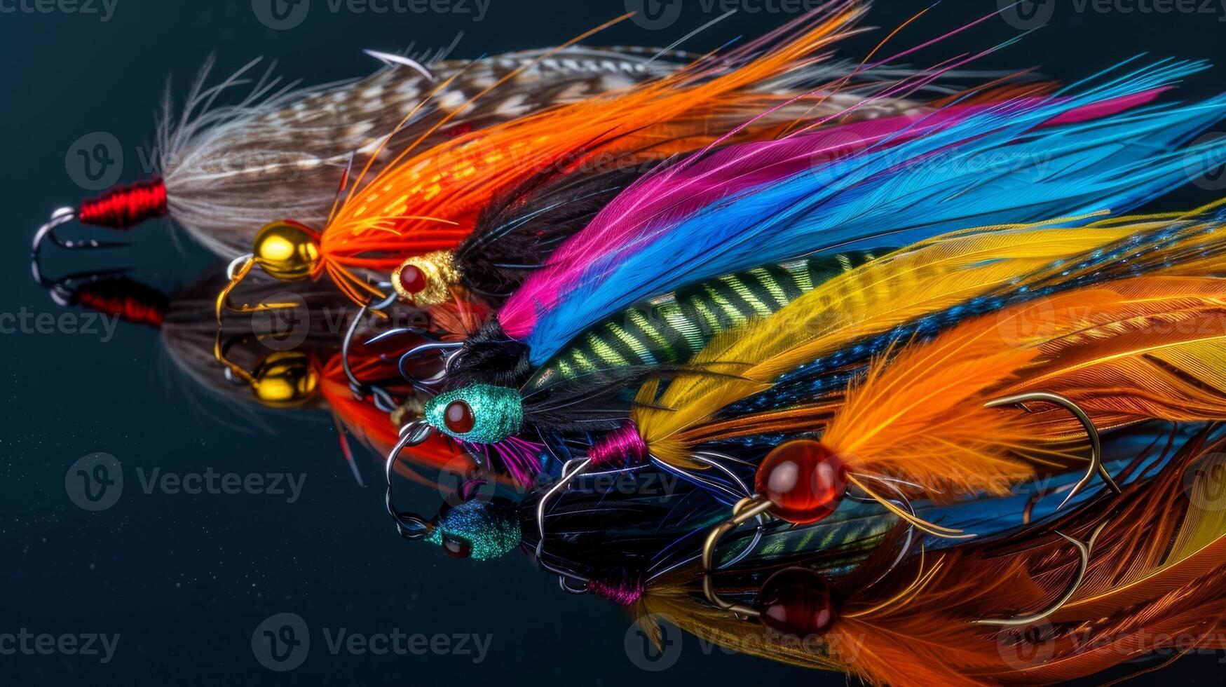 A series of colorful handtied fly fishing flies made of the finest feathers and silk threads photo