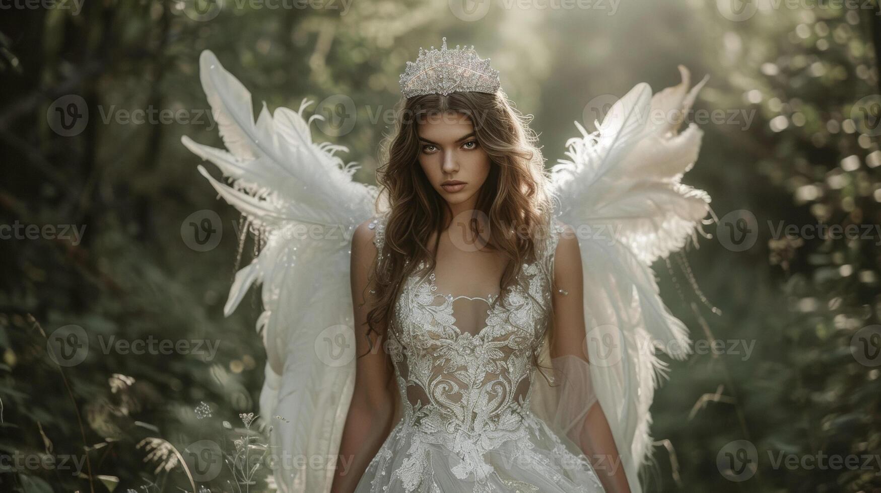 Give off ethereal vibes with a white lace dress featuring a tulle overlay and feather detailing accessorized with a crystal tiara and angel wings while exploring a fairy tal photo