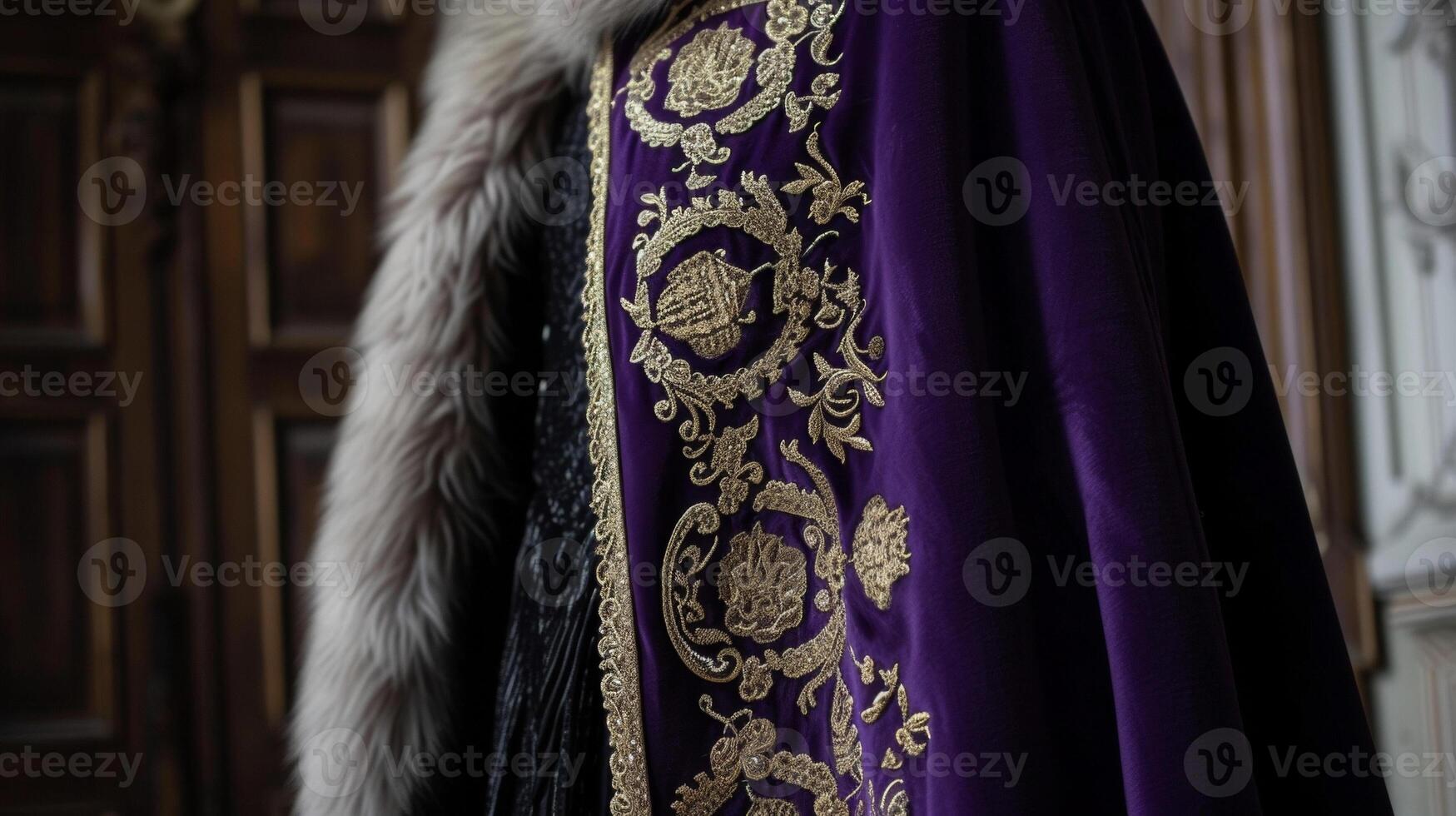 A statement cape in a majestic shade of royal purple adorned with intricate gold embroidery and softened with a faux fur trim. Pair with a simple black dress for a touch o photo