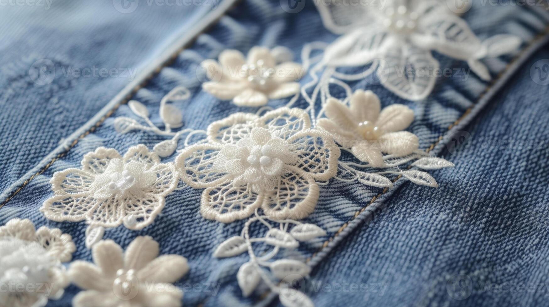 A basic pair of jeans is given a luxurious upgrade with intricate lace appliques adding a touch of femininity and sophistication to a casual staple photo