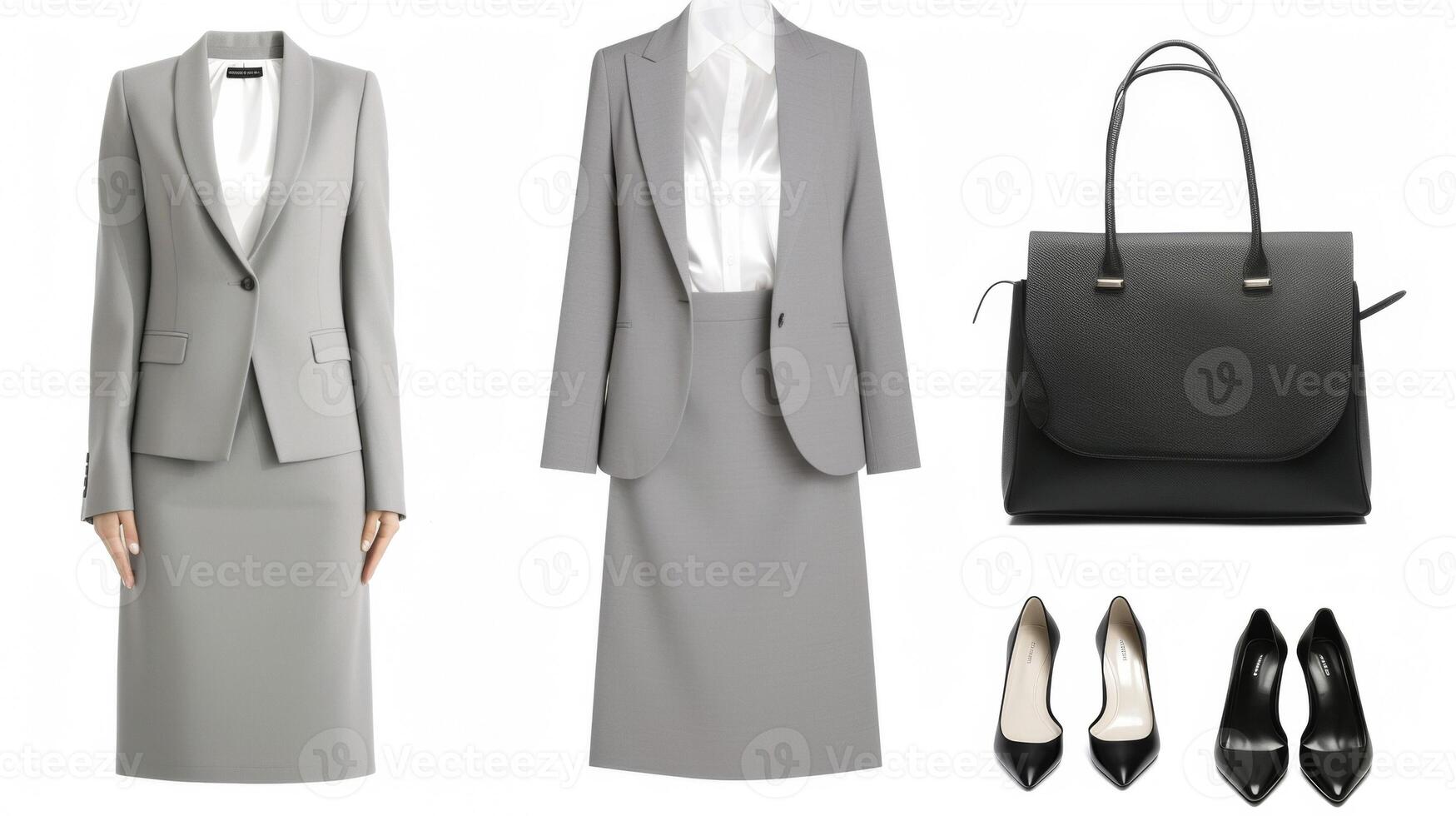 A structured light grey pencil skirt paired with a matching blazer and a white silk blouse topped off with minimalist black pumps and a black leather tote great for a busines photo