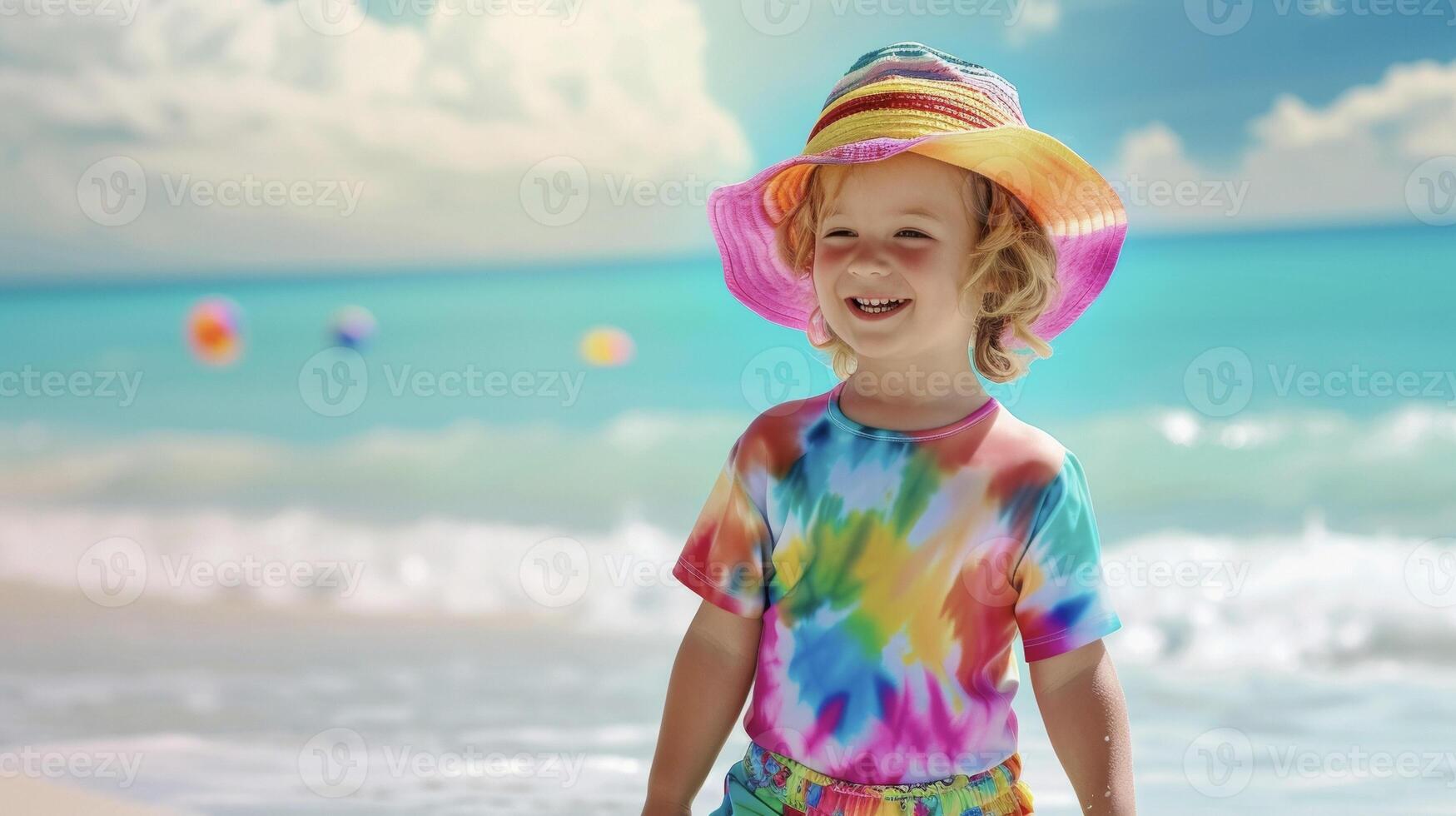 Unleash your childs inner artist with this creative beach look featuring a rainbow sun hat a tiedye rash guard and colorful swim shorts. The background is a playful beac photo