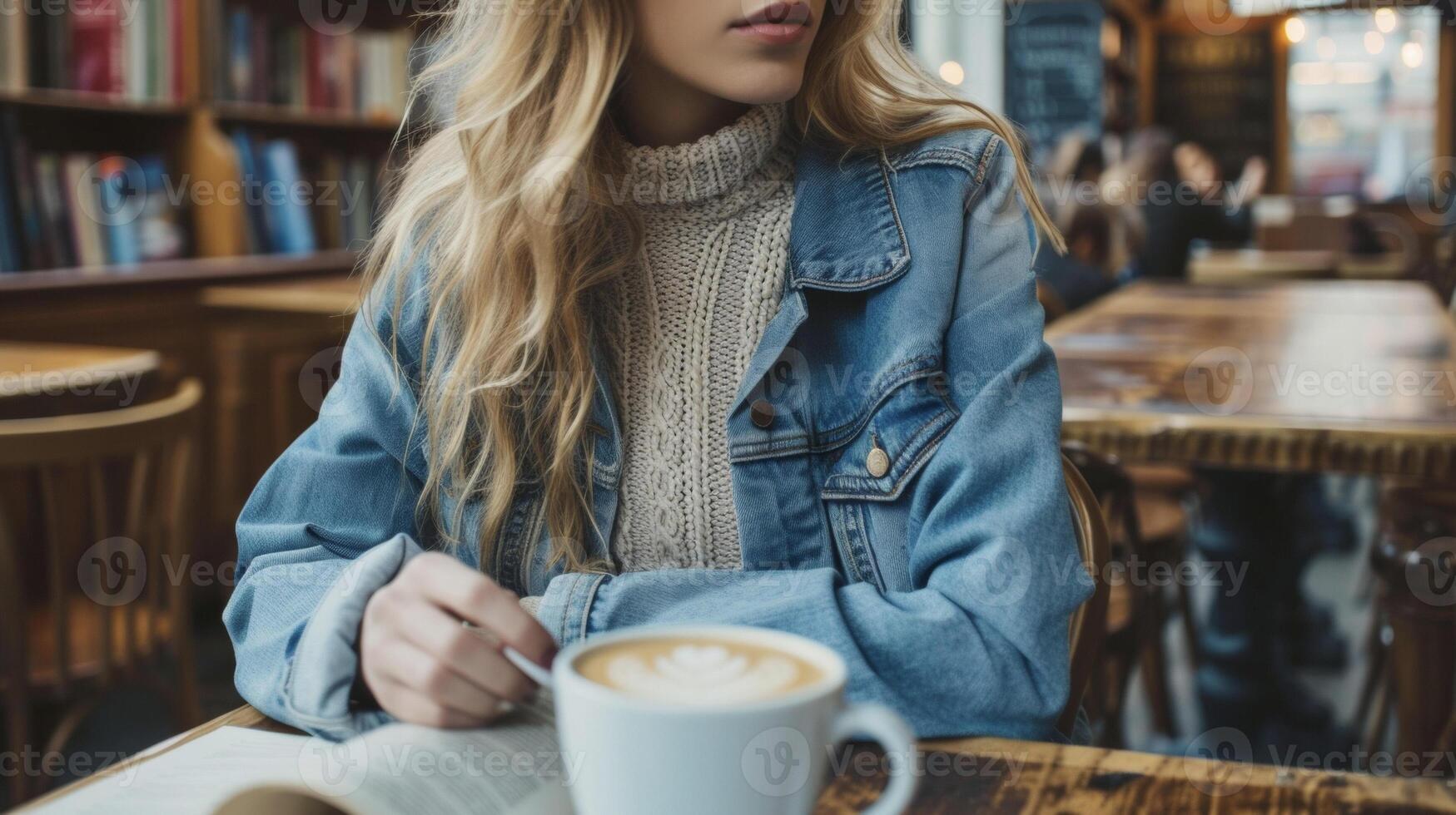 mantener eso casual aún elegante con un mezcla de mezclilla y tejer texturas incluso un mezclilla chaqueta cable tejer suéter y afligido vaqueros. el fondo de un acogedor café tienda o pintoresco foto