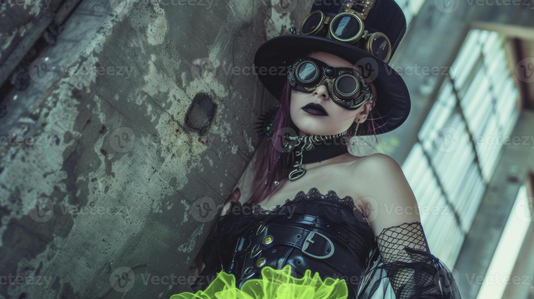 Mixing in elements from the steampunk fashion movement this cybergoth look features a leather corset black top hat and goggles. Neon green accents like a skirt and fishne photo