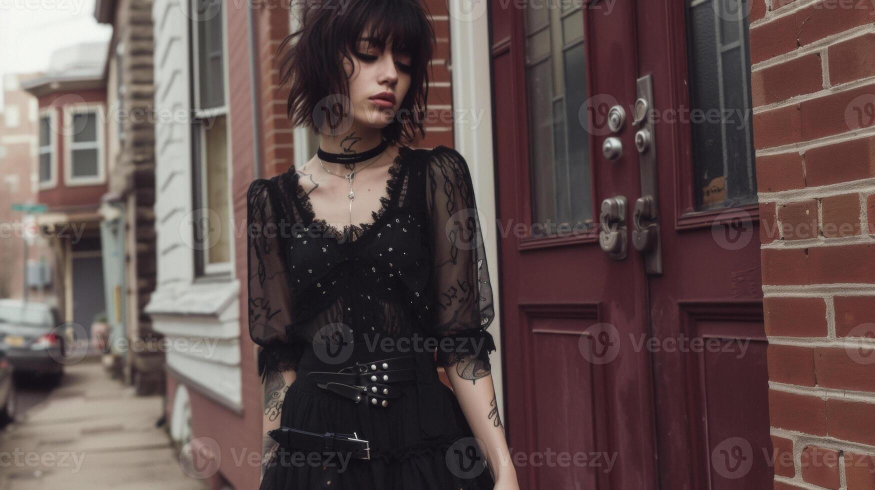 For a feminine take on emo style pair a flowy black dress with a studded belt and combat boots for a perfect contrast of edgy and delicate photo