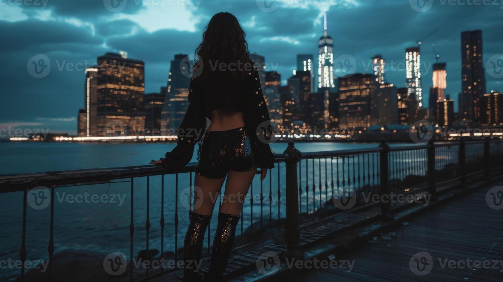 Make a statement with a pair of metallic micro mini shorts paired with a black blouse and thighhigh boots for a gl night out look. The city skyline serves as the perfect backdro photo