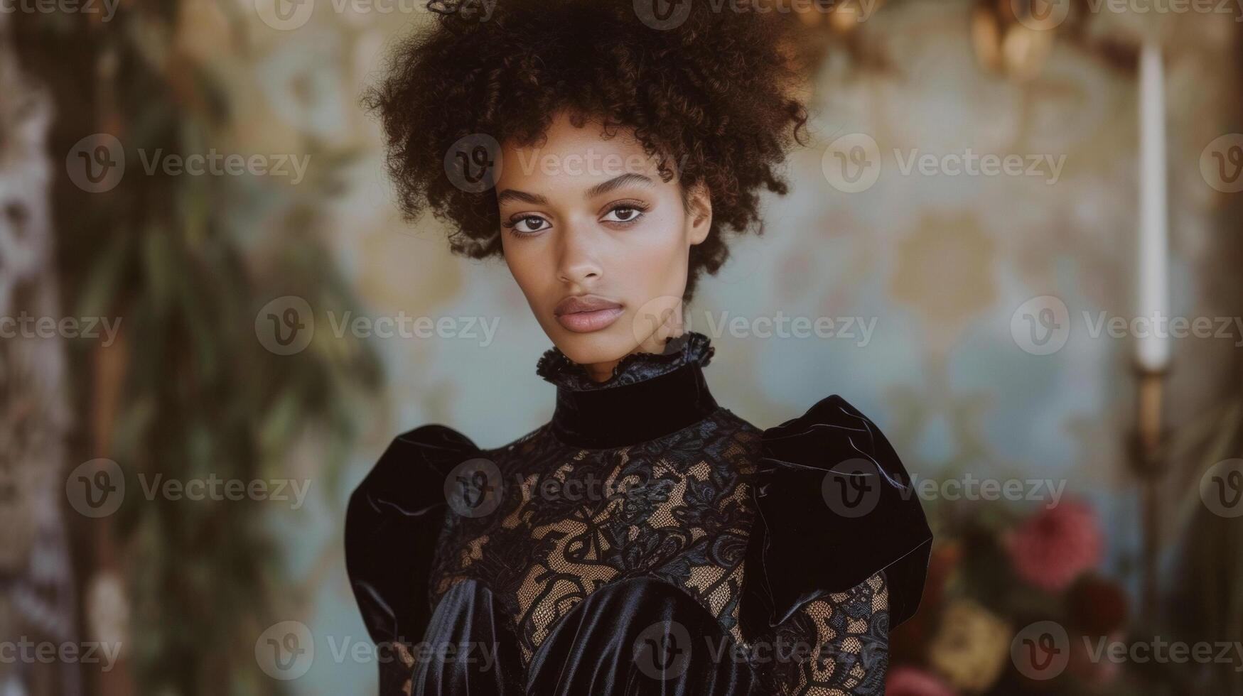 A velvet midi dress with a high neckline and bishop sleeves featuring intricate lace panels and a cinched waist for a Victorianinspired party look photo