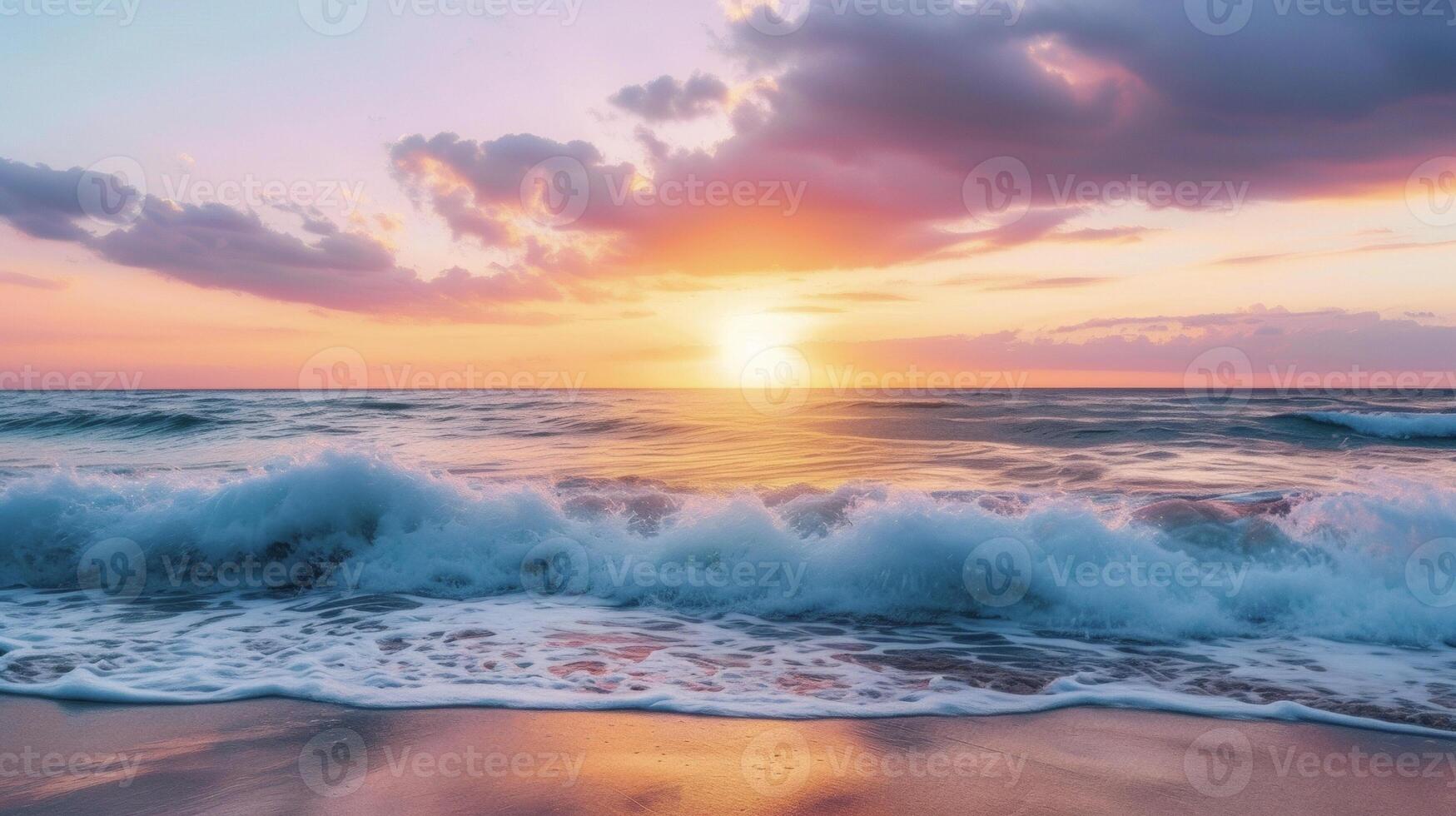 Background A serene beach with crashing waves and a colorful sunset photo