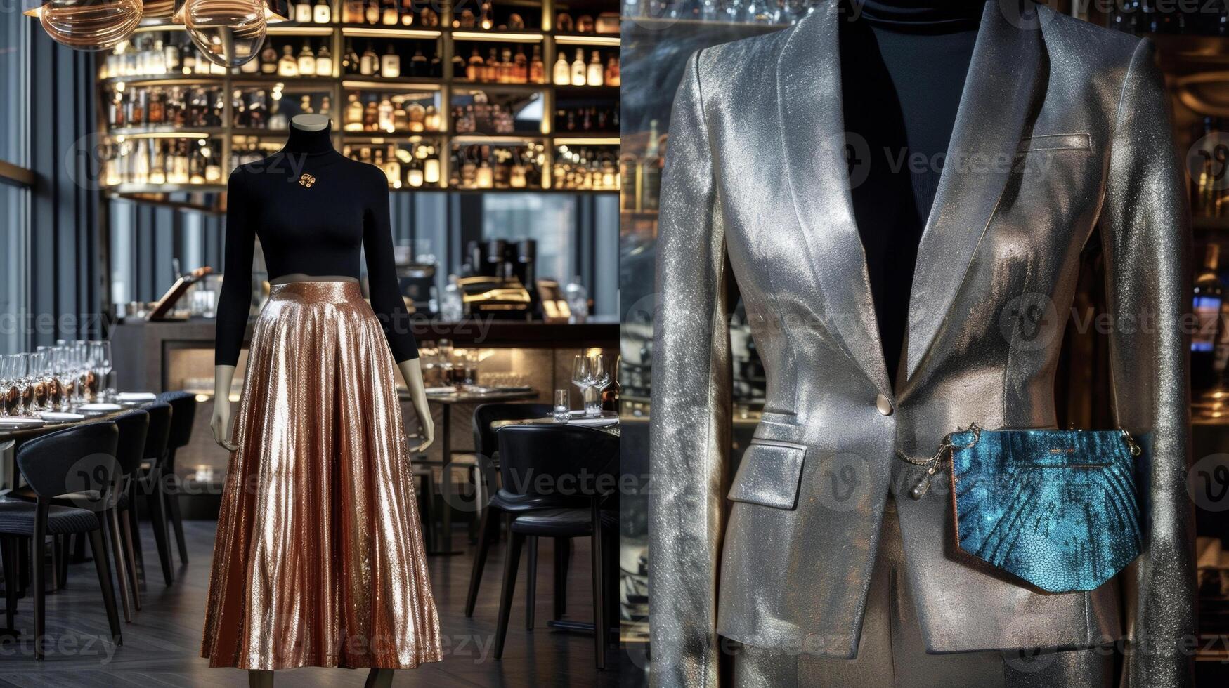 A metallic rose gold midi skirt paired with a black turtleneck and a silver metallic blazer accessorized with a metallic blue clutch. The background is a highend restauran photo