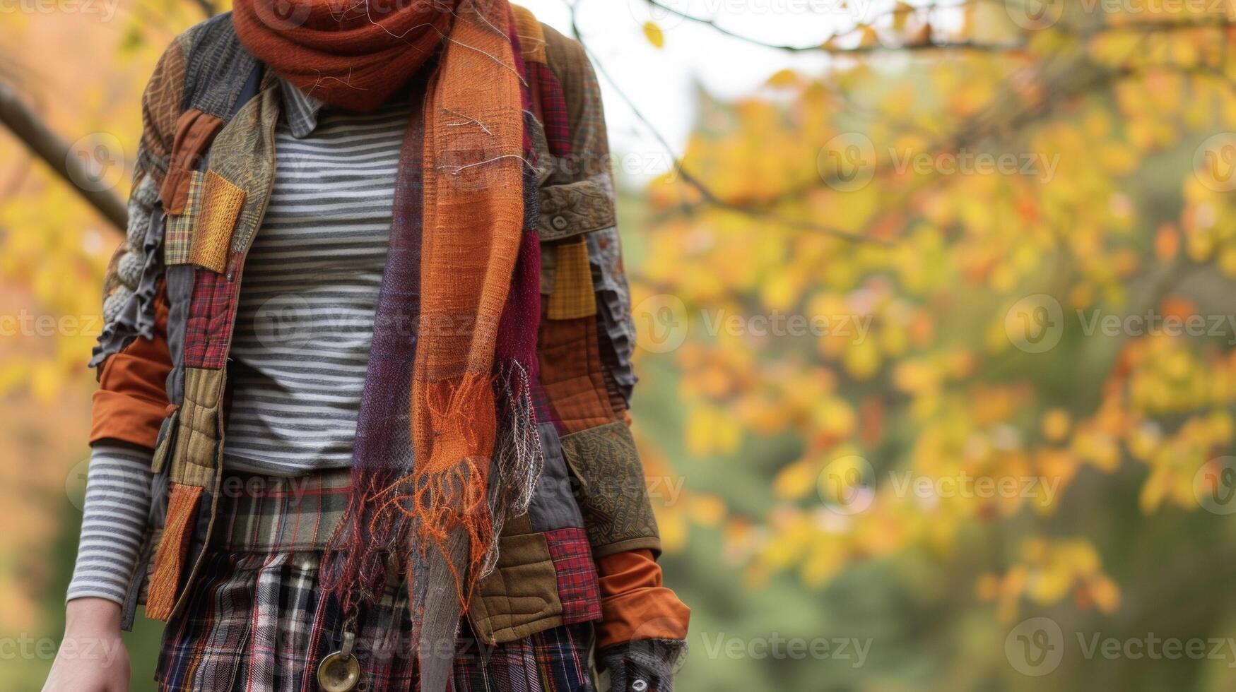 labor de retazos capas un labor de retazos chaqueta desgastado terminado un a rayas camiseta y tartán falda coronado apagado con un tejer bufanda y tobillo botas. Perfecto para un crujiente otoño día errante a través foto