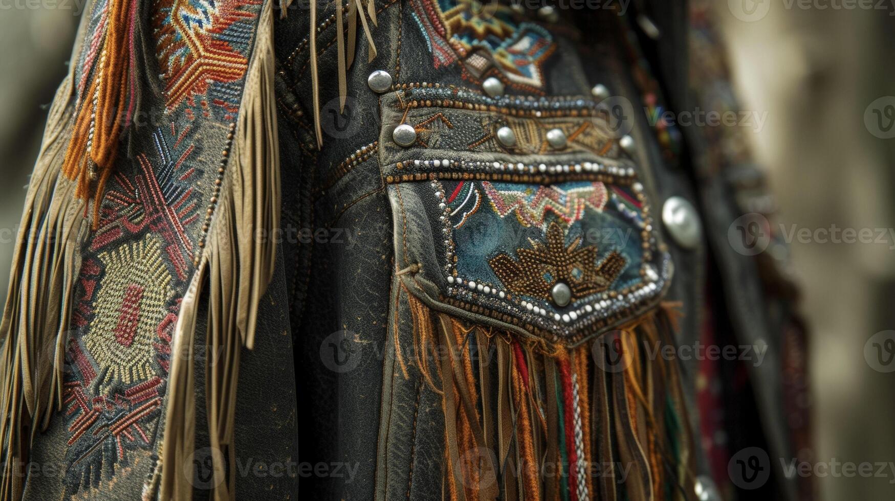 A tailored jacket with intricate beading and fringe details blending influences from Native American and Japanese fashion. Wear this to a festival with an East meets Wes photo