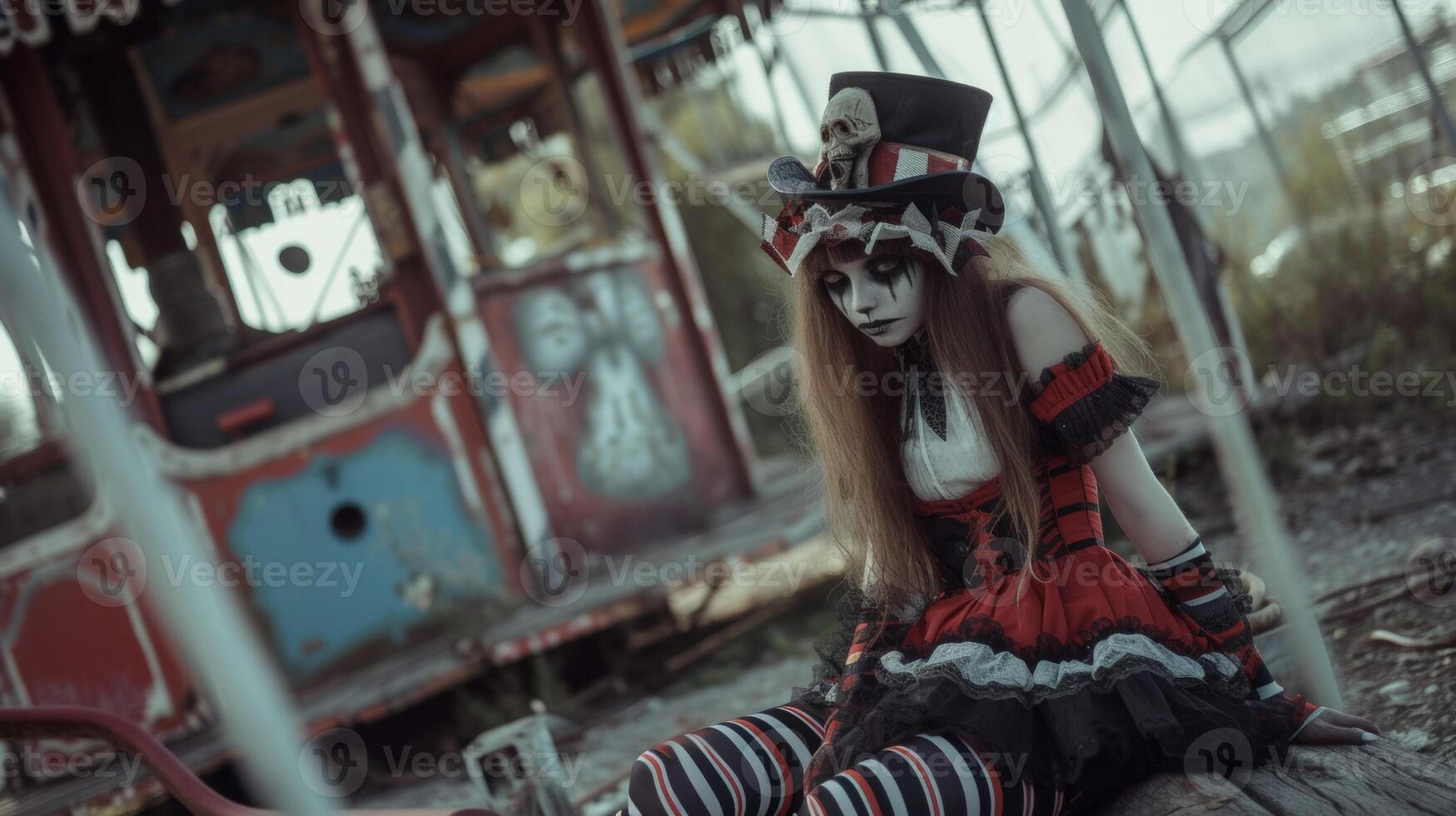 An abandoned carnival serves as the backdrop for a gothic circus performer dressed in a corset top striped tights and a top hat adorned with a skull photo