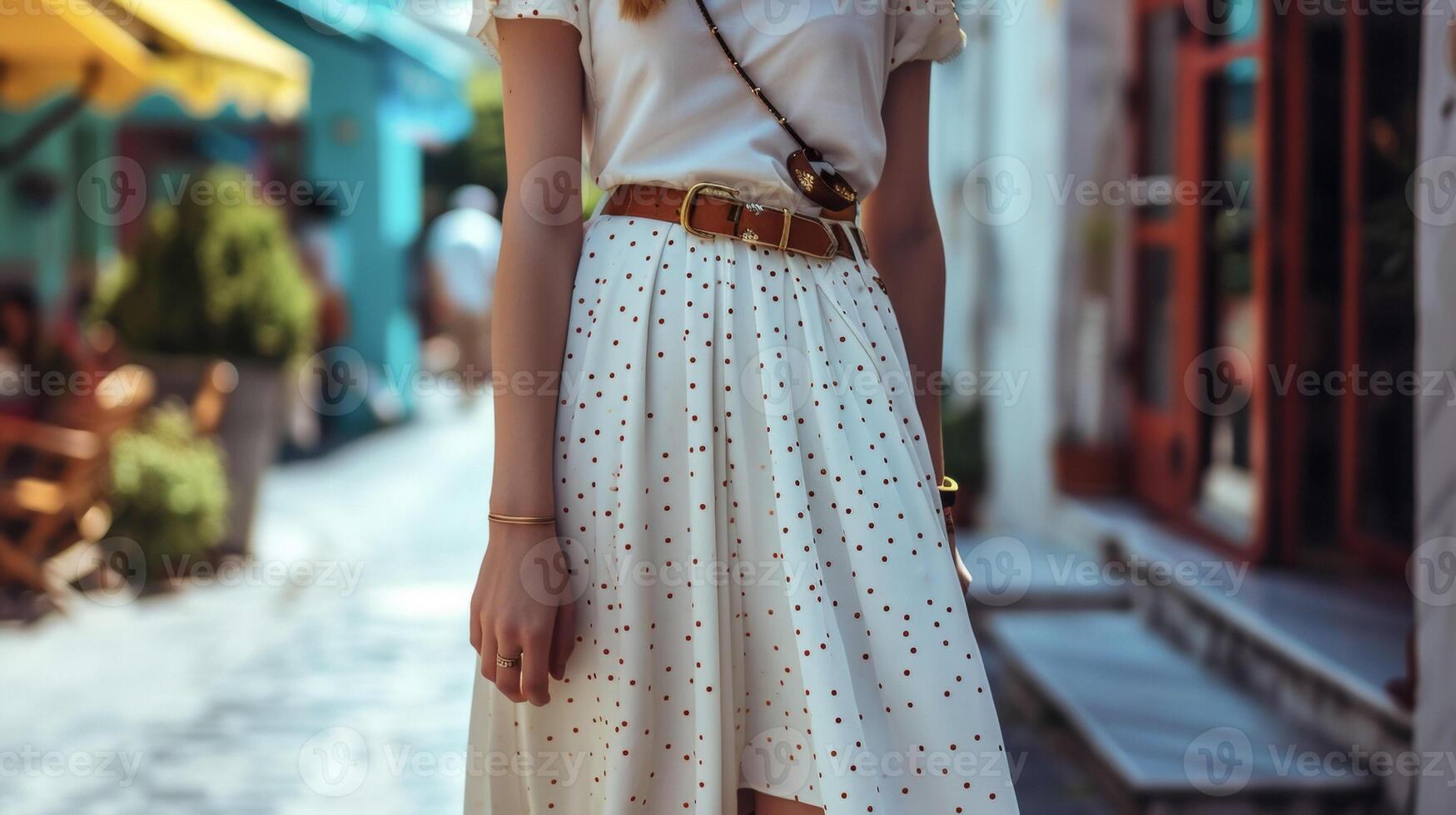 A white midi skirt with a playful polkadot pattern and a statement belt is perfect for a day of shopping and sightseeing in a charming small town photo