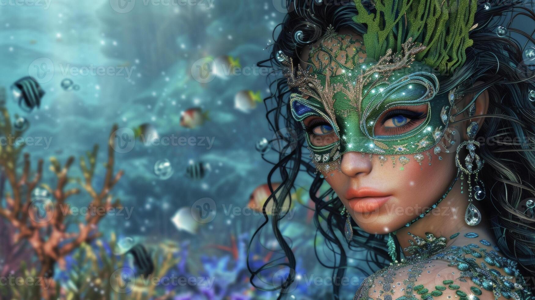 A mystical mermaid dd in shimmery green and blue fabrics with a seaweedinspired mask adorning her face. In the background a sparkling underwater kingdom with vibrant cora photo