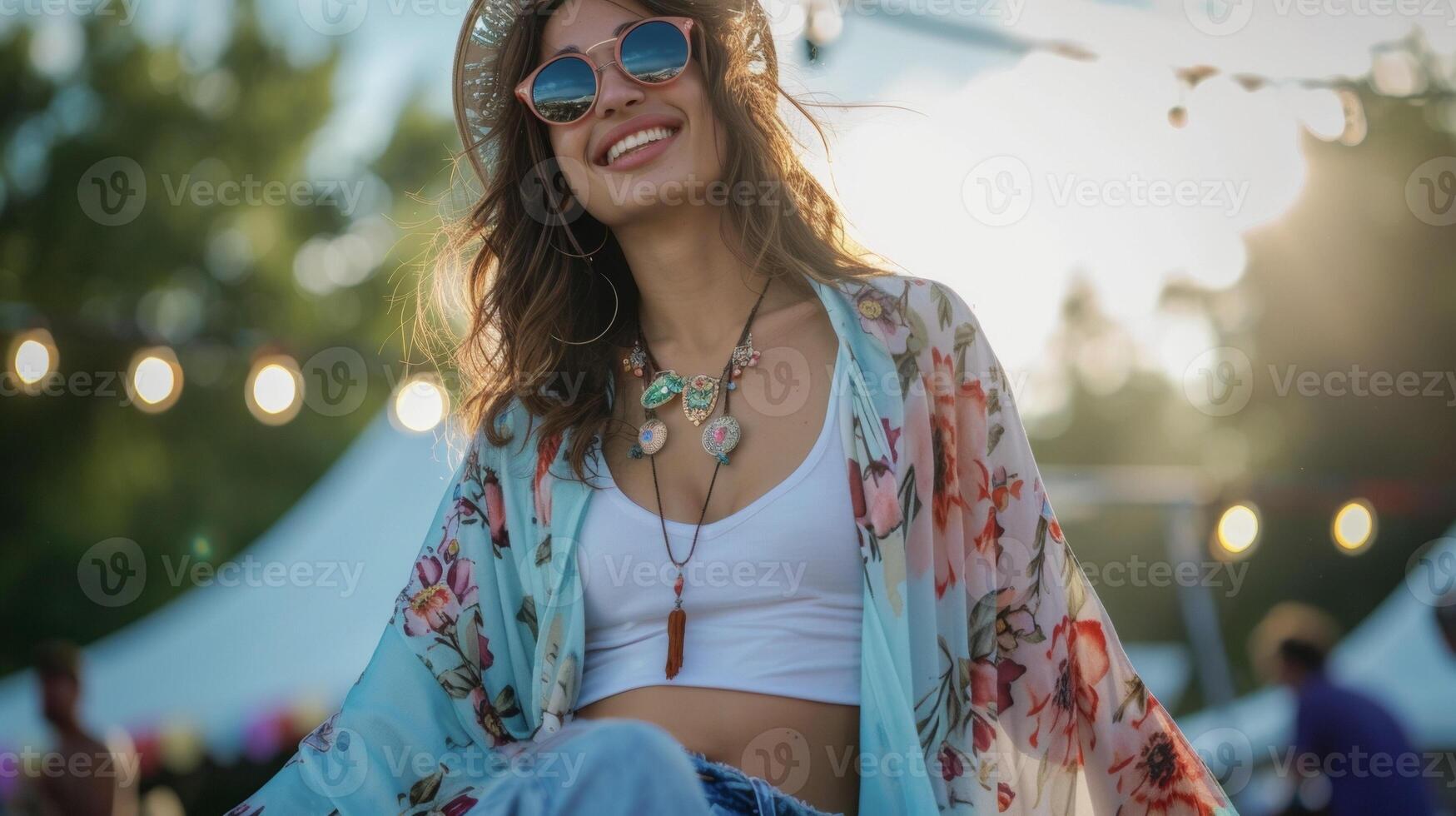 A flowy sky blue kimono with a floral print paired with a white tank top and denim offs giving off bohemian vibes for a summer music concert photo