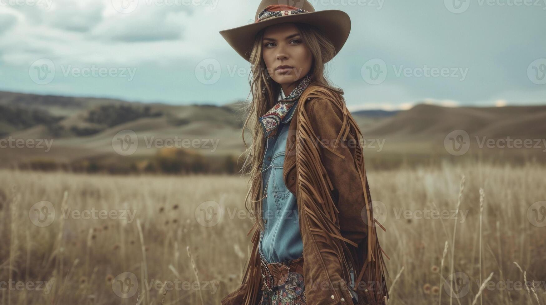 A fusion of nomadic and western styles with a suede fringe jacket denim shirt and printed bandana paired with a flowy tribal print skirt and cowboy boots perfect for a wil photo