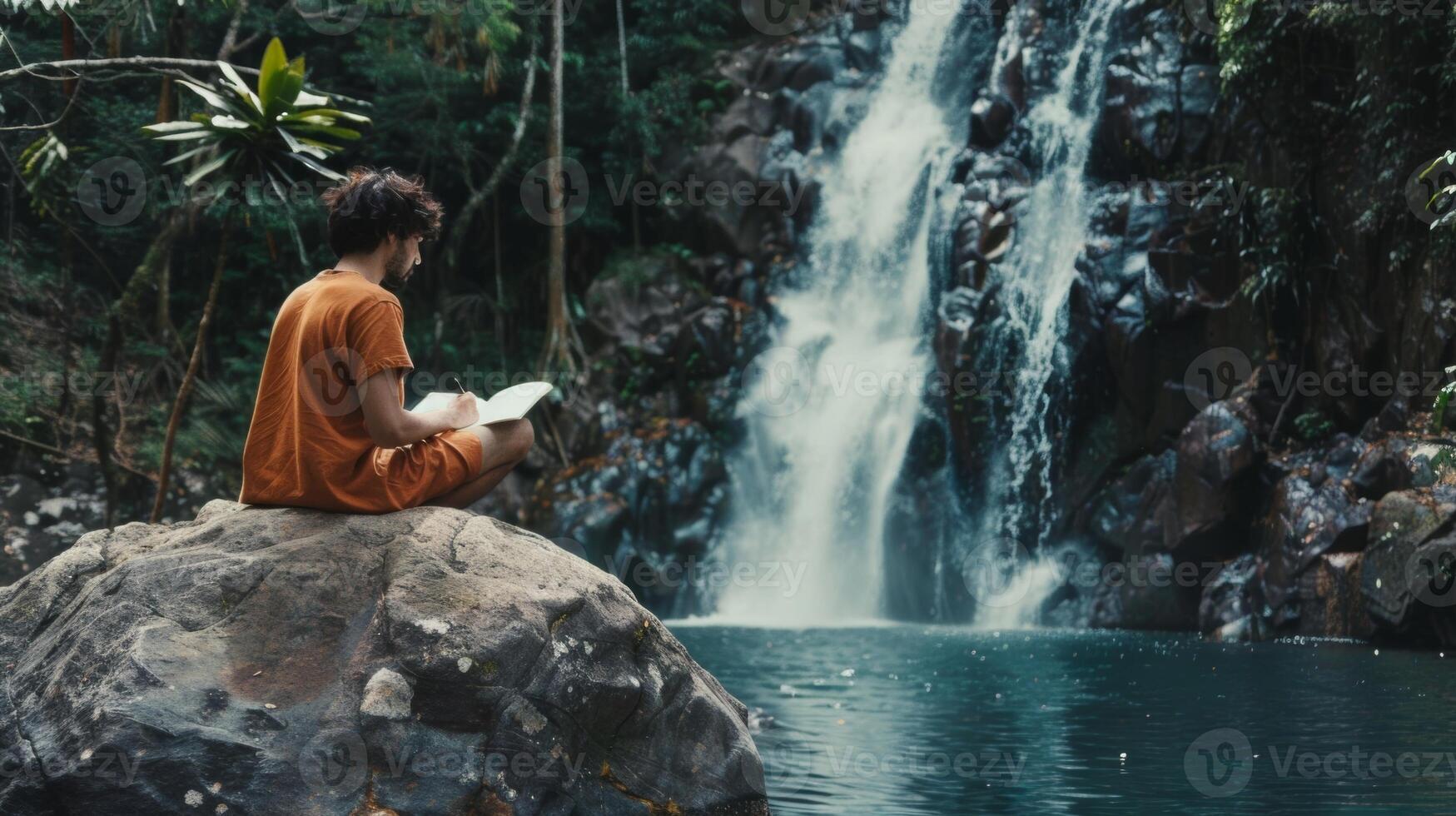 un pacífico cascada sirve como el fondo para un hombre quien se sienta en un grande rock absorbido en su diario como él vamos su pensamientos y creatividad fluir en el medio de un escritura retirada foto