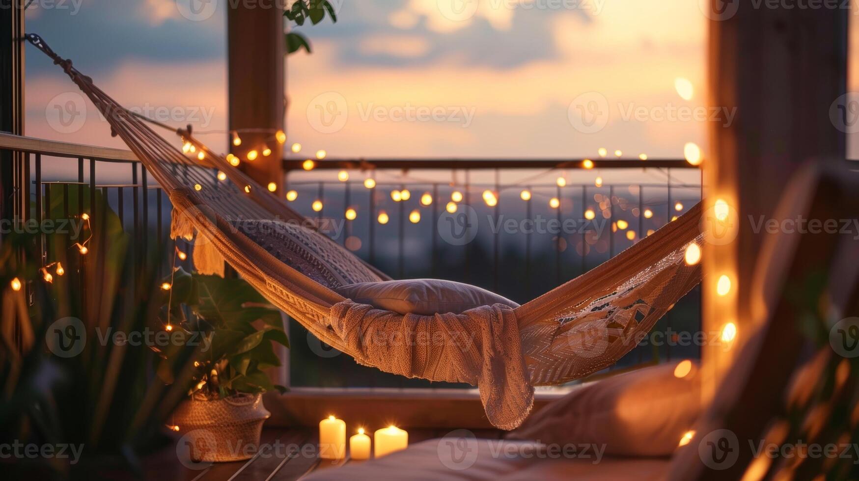 A private balcony with a hanging hammock and ling string lights providing a tranquil space for mindfulness and relaxation photo