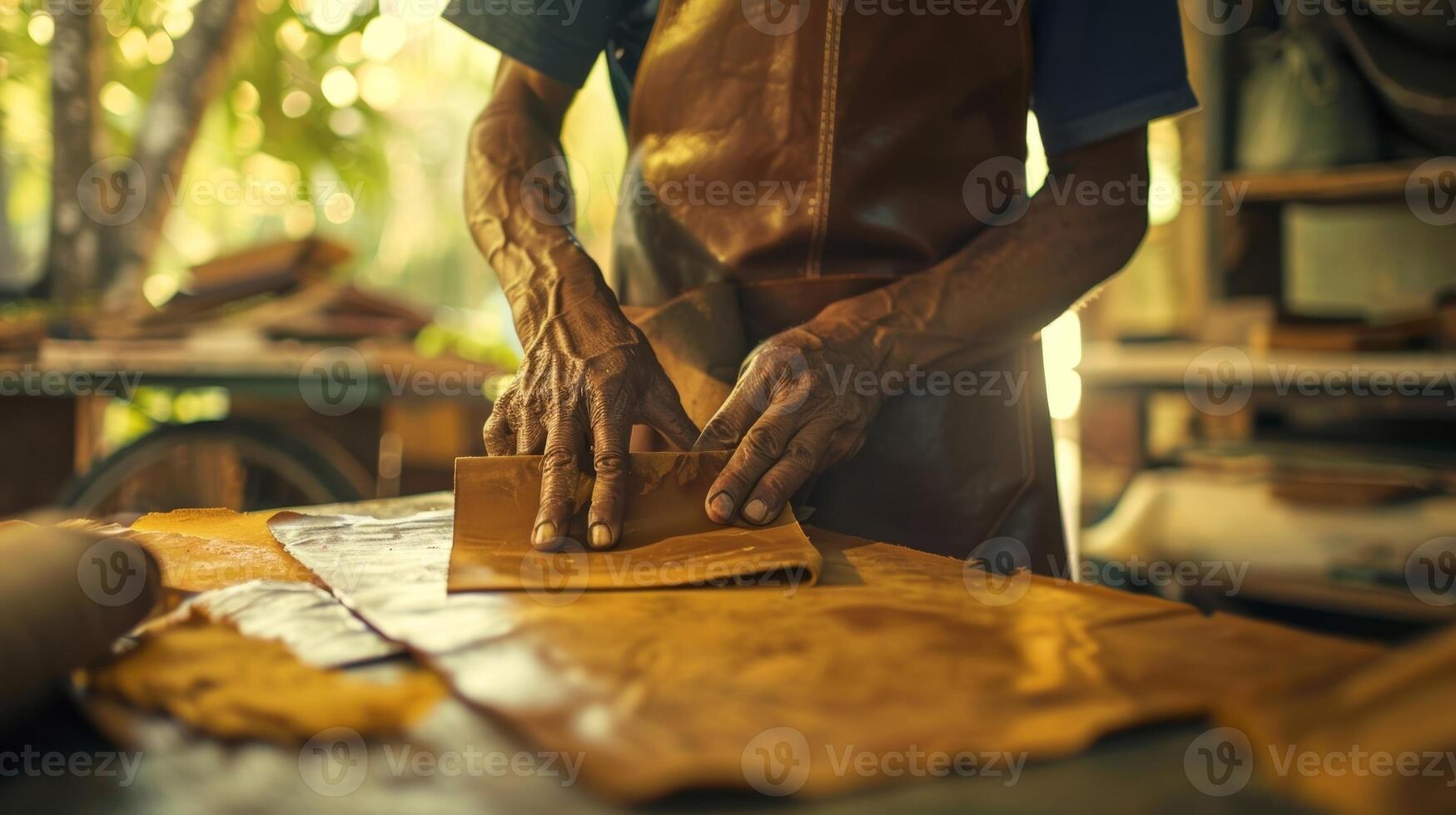 The aromatic smell of freshly tanned leather fills the air as a maker carefully handdyes a piece of leather to achieve the perfect shade for a custom bag photo