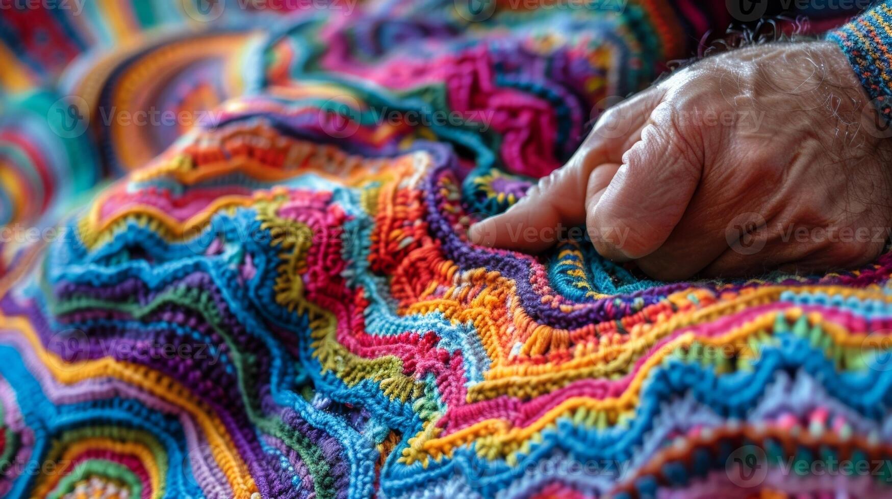 A person shows off their crocheted blanket intricately patterned and full of vibrant colors photo